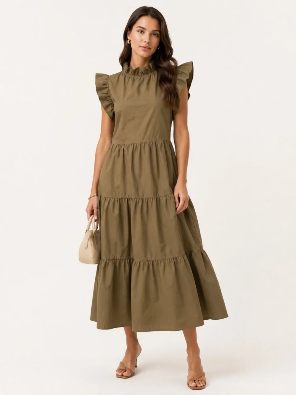 CHEPE Ansaldo Italy Cotton Tiered Ruffle Maxi Dress Olive Green XS